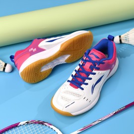 LI-NING Striped Breathable Badminton Shoes for Women - Lightweight, Non-Slip, EVA Insole, Rubber Sole, All-Season Sports Shoes with Fabric and Faux Leather Upper LI-NING Striped Breathable Badminton Shoes for Women - Lightweight, Non-Slip, EVA Insole, Rubber Sole, All-Season Sports Shoes with Fabric and Faux Leather Upper