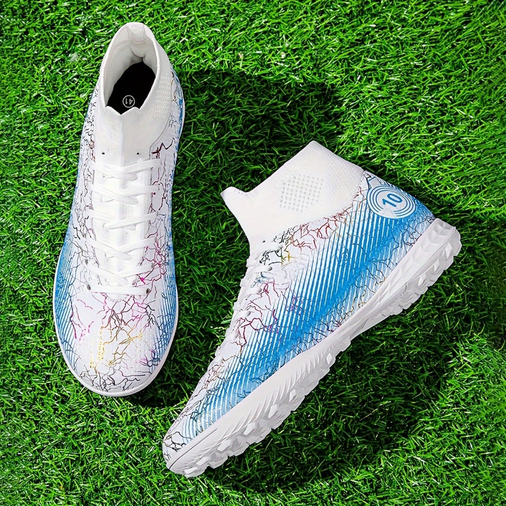 White blue high top football shoes AG long staple artificial grass outdoor sports football boots competition youth training shoes breathable and non slip unisex White blue high top football shoes AG long staple artificial grass outdoor sports football boots competition youth training shoes breathable and non slip unisex