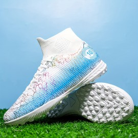 White blue high top football shoes AG long staple artificial grass outdoor sports football boots competition youth training shoes breathable and non slip unisex White blue high top football shoes AG long staple artificial grass outdoor sports football boots competition youth training shoes breathable and non slip unisex