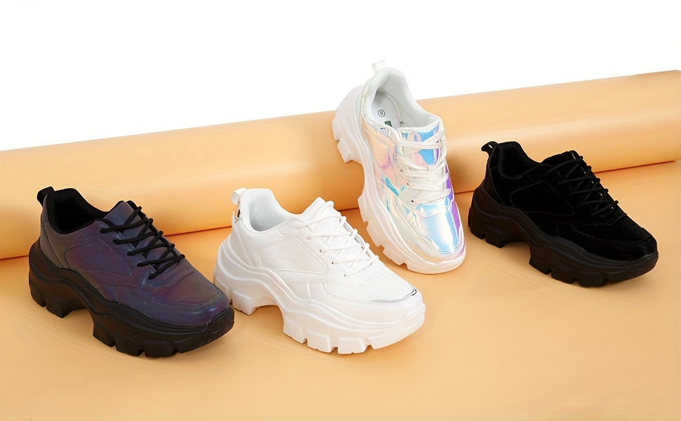 Women s Chunky Platform Sneakers Hologram Black White Silver Lace-Up Casual Fashion Walking Sport Rave Shoes details 1